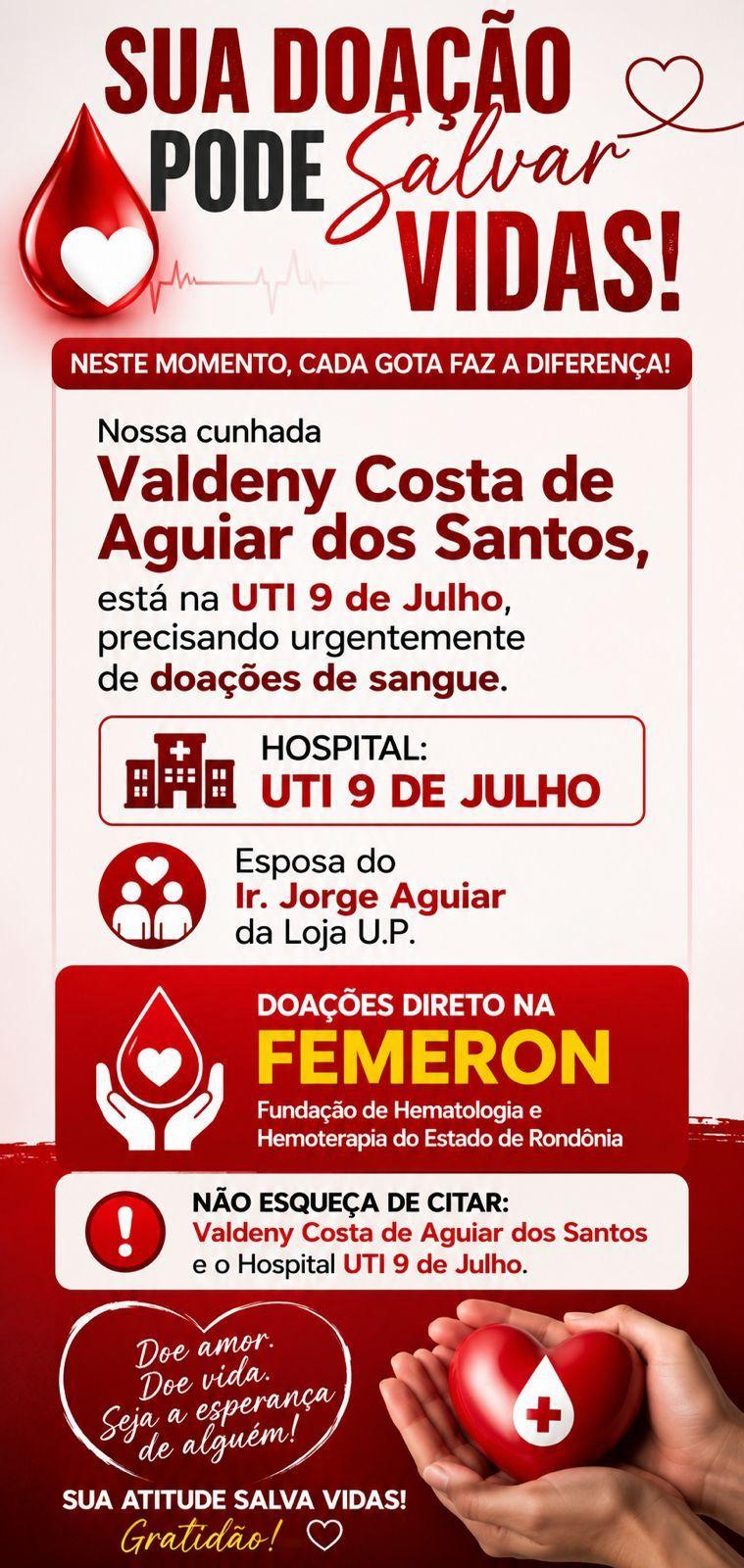 Sua doação pode salvar vidas: campanha mobiliza doadores para ajudar paciente internada na UTI 9 de Julho