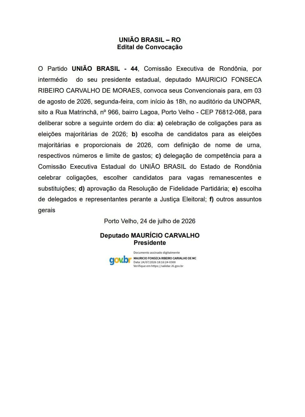 Edital de convocação - Convenção Partidária Estadual